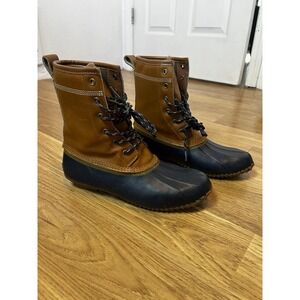 Lands End Duck Boots Women Size 7.5 b Brown Leather Rubber Lace Up Outdoor Farm
